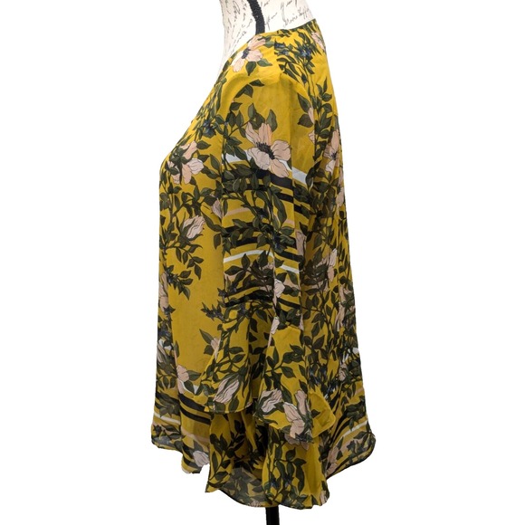 CABI Blouse Sm Yellow Green Floral Layered Flare Sleeves Boho - Picture 3 of 11